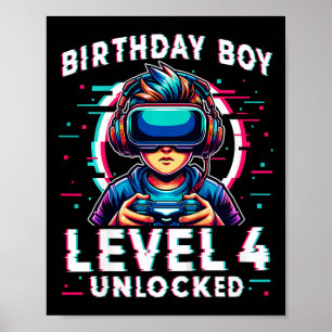 Poster Crianças Nível 4 Desbloqueadas 4 Anos Aniversário 