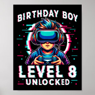 Poster Crianças Nível 8 Desbloqueadas Aniversário De 8 An
