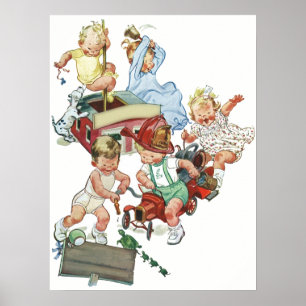 Póster Crianças pequenas vintage brincando com caminhões