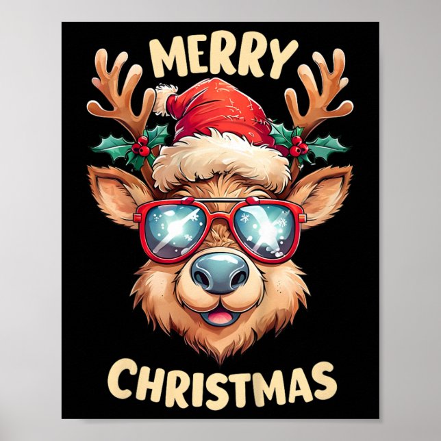 Poster Crianças Reindeer Feliz Natal Santa Hat Xmas Toddl (Frente)