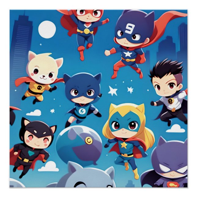 Póster Crianças super-heróis voando alto (Frente)