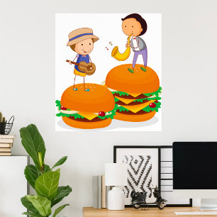 Poster Crianças Tocando Música em Cheeseburgers Gigantes