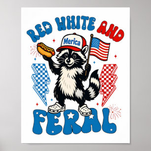 Poster Crianças Vermelho Divertido Branco E Guaxinim Fera