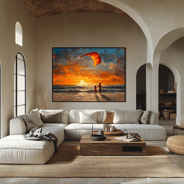 Poster Crianças voando pipa ao sol - praia vibrante (Criador carregado)