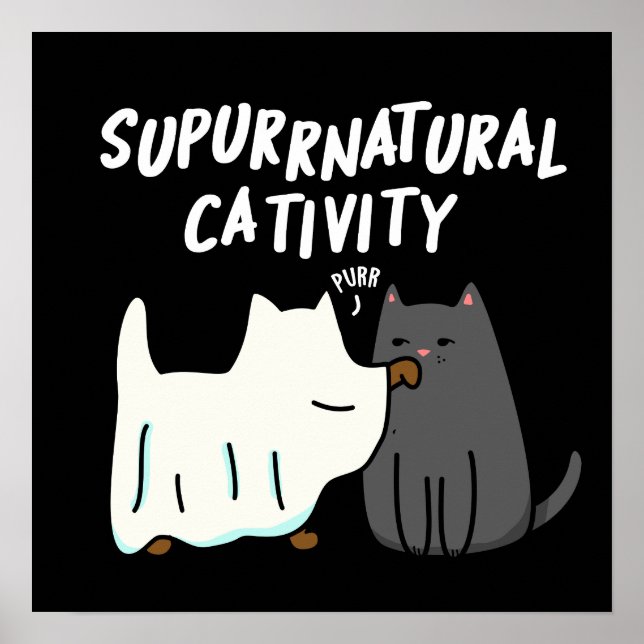 Poster Criatividade Su-Purr-Natural Funny Cat Pun Dark BG (Frente)