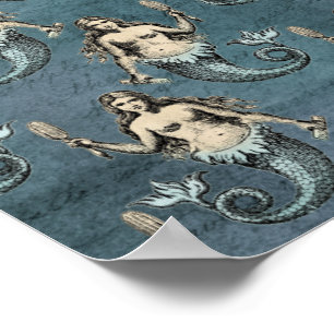 Poster Criaturas Marinhas Sereias Cor Azul Oceano Manuscr