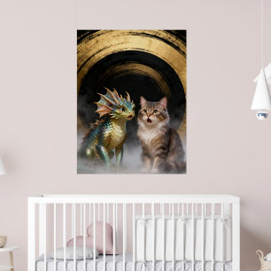 Poster Criaturas Mitológicas de Gato-Dragão Surpreendidas