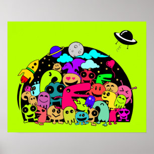 Poster Criaturas Monstras No Design De Portalha Espacial