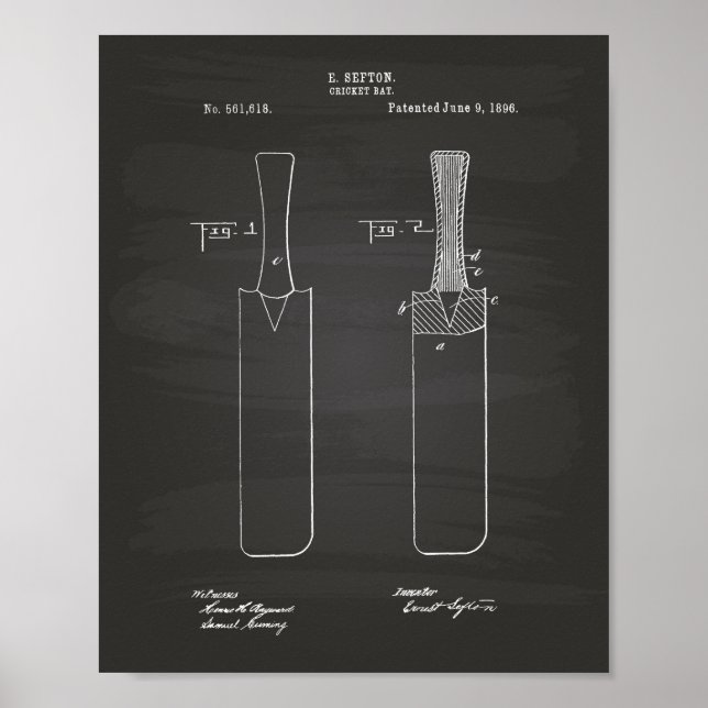 Póster Cricket Bat 1886 Patent Art Chalkboard (Frente)