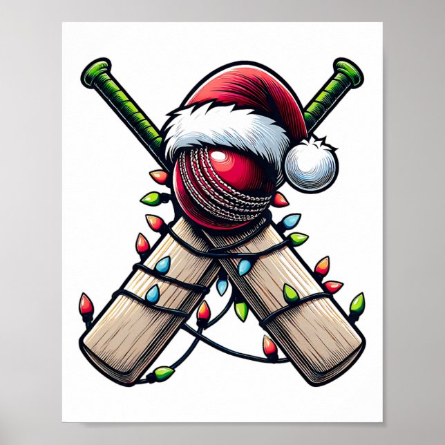 Poster Cricket Jogador Equipe Chapéu de Natal Xmas  (Frente)