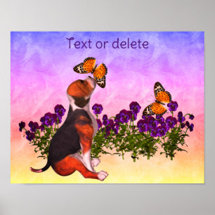 Poster Crie Seu Próprio Beagle Puppy Butterflies Flores