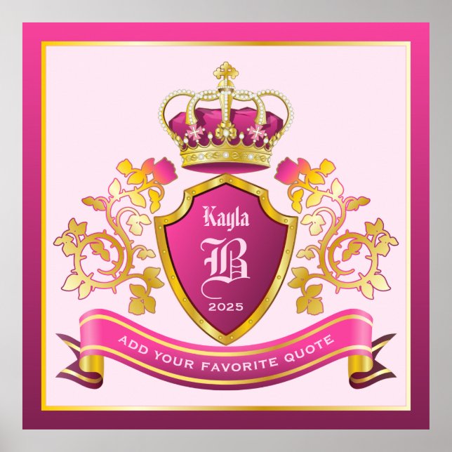 Poster Crie Seu Próprio Brasão Rosa Coroa Dourada Pérola (Frente)