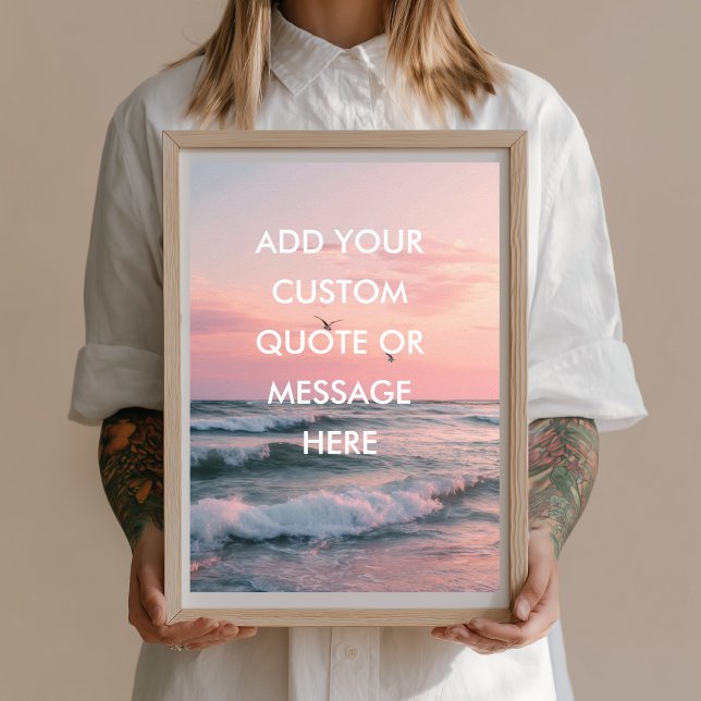 Poster Crie Sua Própria Motivação - Citação do Oceano Sun (Create Your Own Motivational - Ocean Sunset Quote Poster. Sky Beach Seagulls Ocean Pink Happiness )