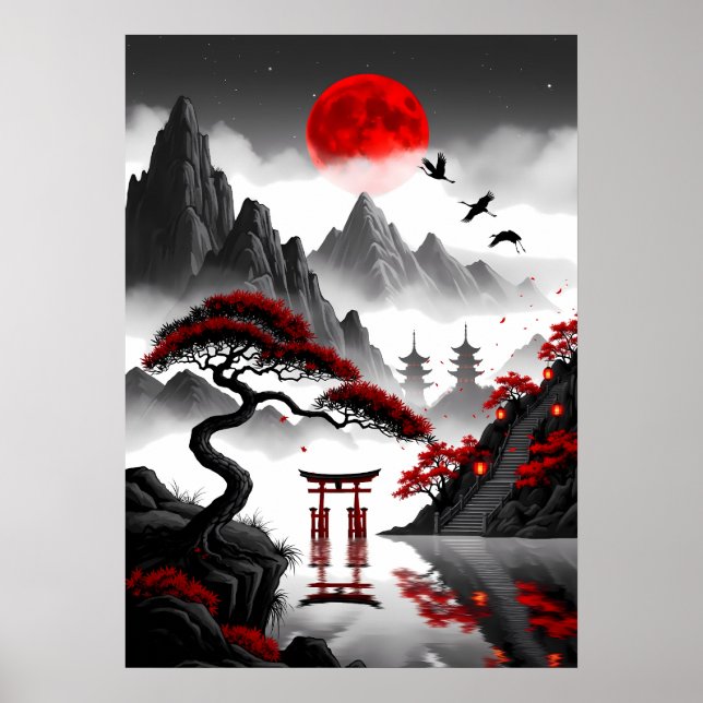 Poster Crimson Zen: Paisagem Japonesa da Lua Vermelha (Frente)