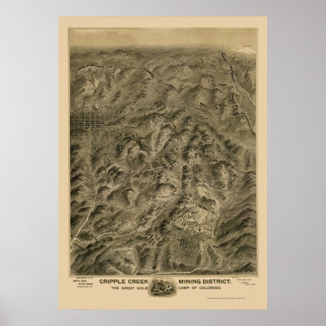 Póster Cripple Creek, CO Panorâmica Map - 1895 (Frente)