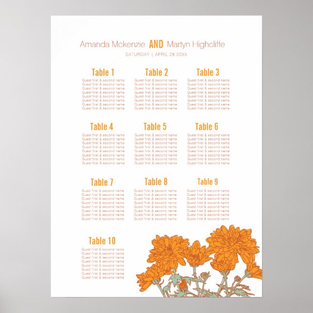 Poster Crisântemo de casamento flor laranja arte mesa pla (Frente)