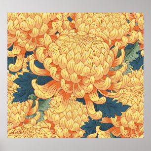 Poster crisântemos japoneses: padrão floral amarelo.