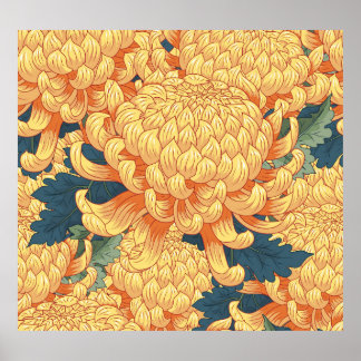 Poster crisântemos japoneses: padrão floral amarelo.