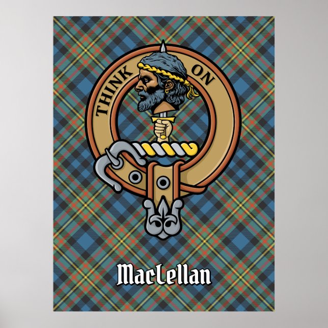 Poster Crista do Clã MacLellan sobre Tartan Antigo (Frente)