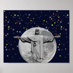 Póster Cristo do Redentor, Lua e estrelas