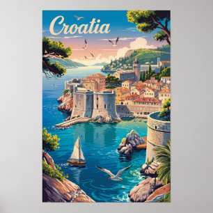 Poster Croácia Dubrovnik Ilustração Arte de Viagem Vintag