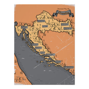 Póster Croácia Mapa antigo vintage
