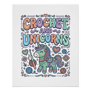 Póster Crochet Unicórnio e Adesivo Kawaii de Unicórnios e