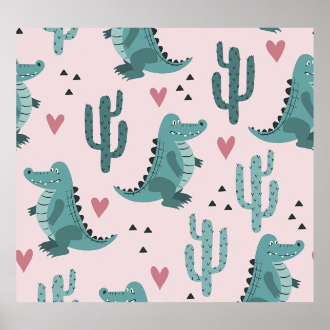 Poster Crocodilo bonito, padrão de crocodilo vintage. (Frente)