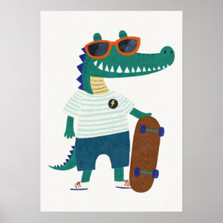 Poster Crocodilo com Skate e Óculos de Sol