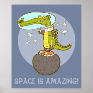 Poster crocodilo engraçado em desenho animado espacial