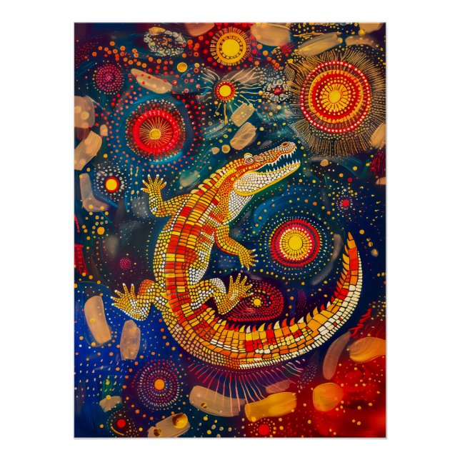 Póster Crocodilo no Estilo de Arte Ponto Aborigine (Frente)
