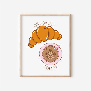 Poster Croissant & Café Desenhado à Mão Arte de Cozinha