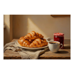Póster Croissant e Café Manhã Estilo Café Aconchegante Na