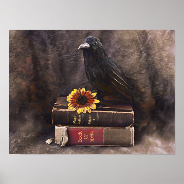 Poster Crow Gothage Livros Antigos Girassol Floral (Frente)