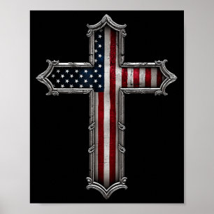 Poster Cruz Bandeira EUA Cristão Religioso América Fé