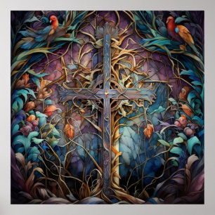 Poster Cruz Celta Rustada com Vinhas e Aves