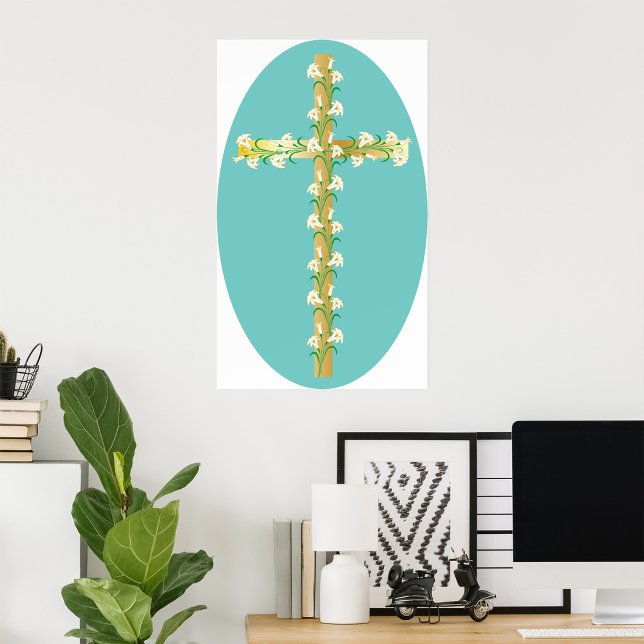 Poster Cruz de Páscoa em Ouro Elegante com Lírios Brancos (Criador carregado)