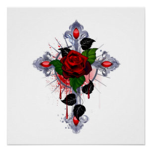 Póster Cruz de Prata com Rosa vermelha