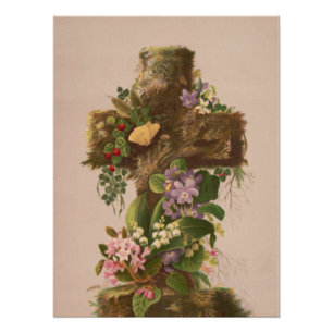 Póster Cruz Floral Rústica Vintage, Cartão de Páscoa,