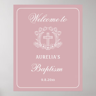 Poster Cruz Floral Simples no Batismo Rosa Bem-vindo