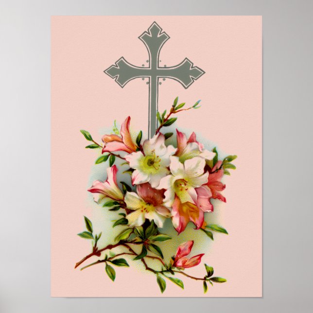 Poster Cruz Prateada E Flores Rosas (Frente)