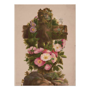 Póster Cruz Rústica Antiga, Rosas Silvestres, Cartão de P