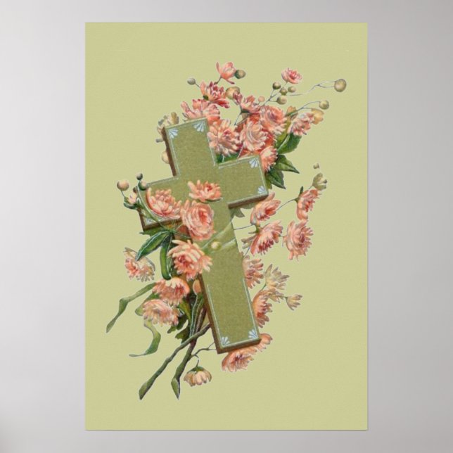 Poster Cruz Verde Com Flores Rosa (Frente)