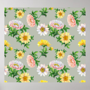 Poster Crysântemos de aquarelas, padrão floral sem costur