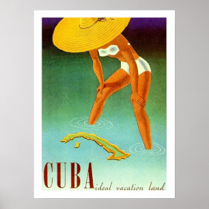 Poster Cuba, Isle, garota de biquíni com chapéu amarelo g