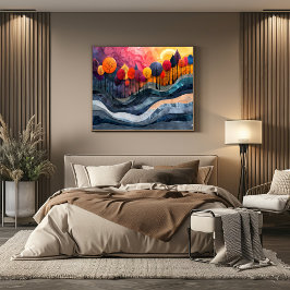 Póster Cubismo: Bosque de Colores Vibrantes al Atardecer 