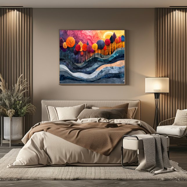 Póster Cubismo: Bosque de Colores Vibrantes al Atardecer  (Criador carregado)