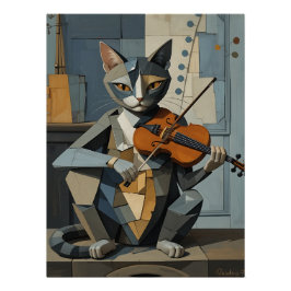 Póster Cubist Harmony: Feline Violinist