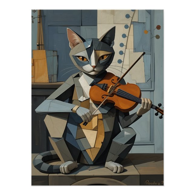 Póster Cubist Harmony: Feline Violinist (Frente)