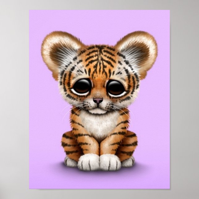 Poster Cubo Adorável de Tigre de Bebê em Roxo (Frente)